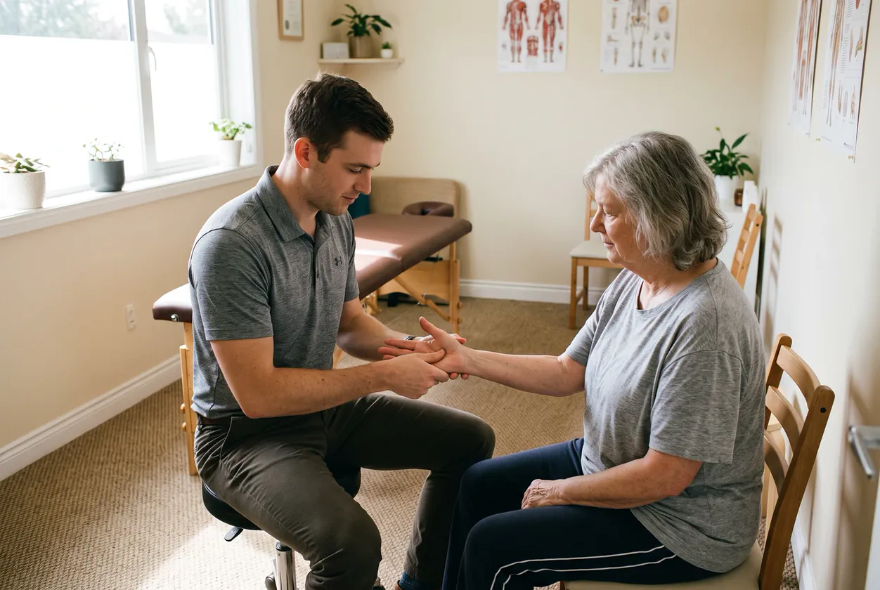 Certified hand therapist working hands-on with a patient's palm and fingers